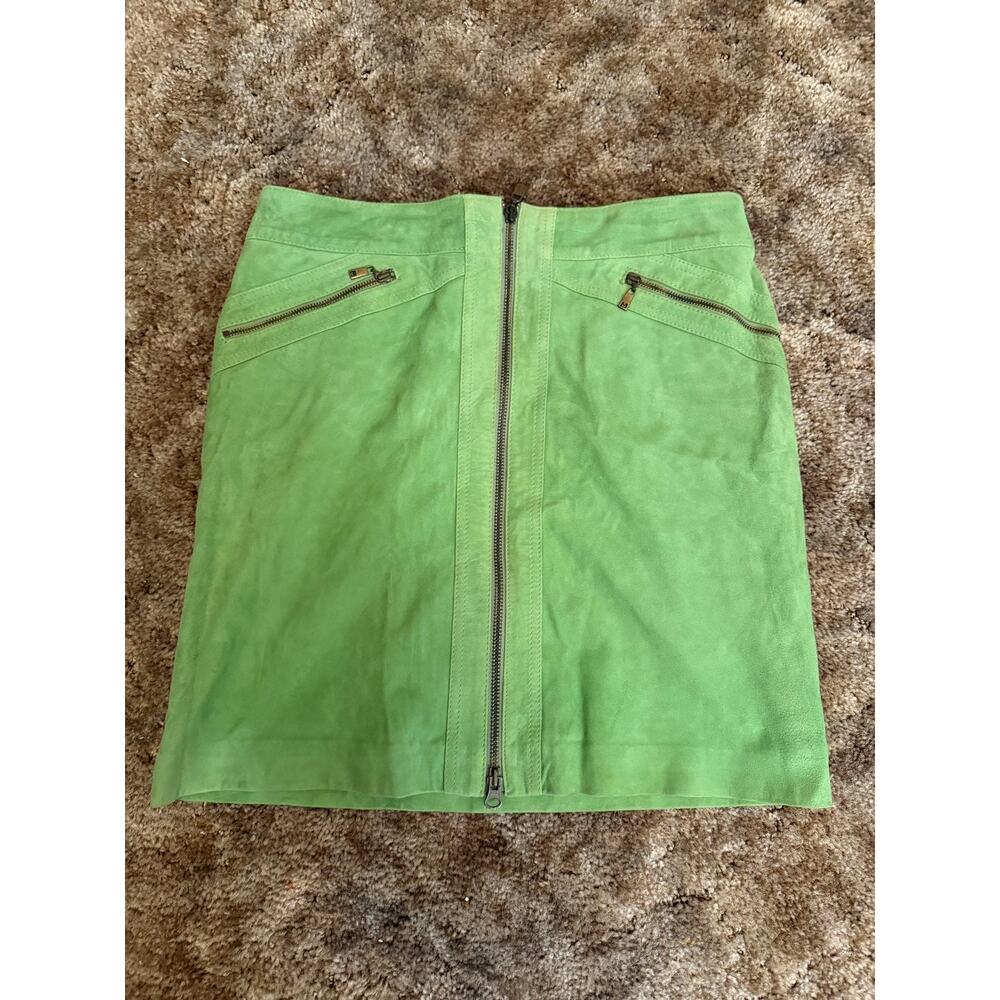 Vintage Y2K Michael Michael Kors Lime Green Suede Leather Front-Zip Mini Skirt